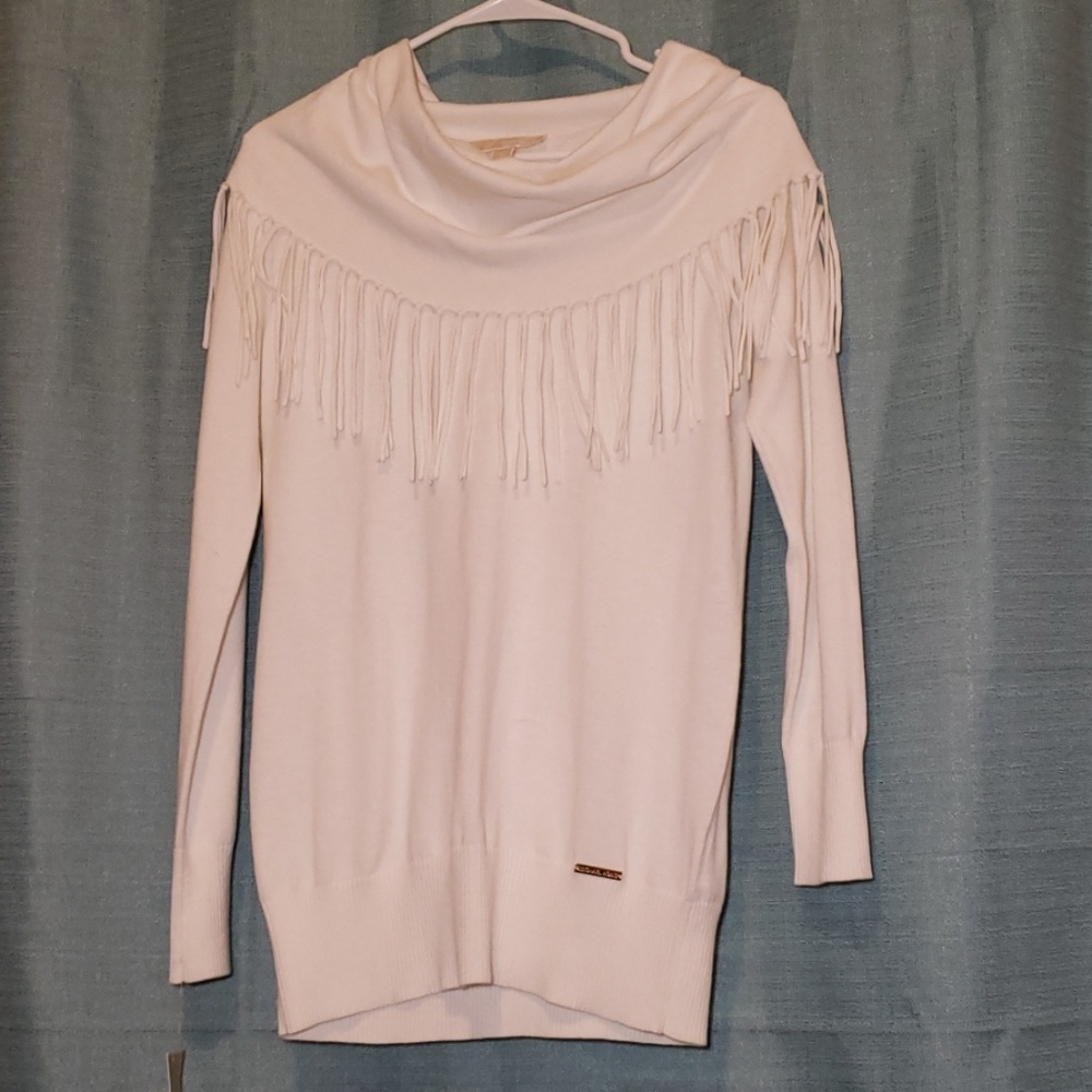 Michael Kors cream off shoulder fringe sweater